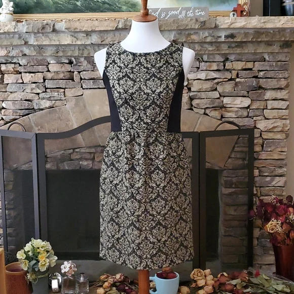 Ann Taylor Loft black gold brocade jacquard dress